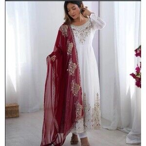 Latest New White Heavy Georgette Gown Bottom With Dupatta For Engagement Wear XL
